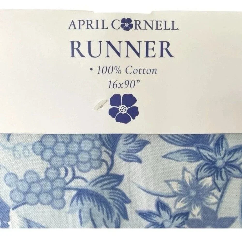 April Cornell Blue Table Runner 16x90 Floral Birds 100% Cotton French Country